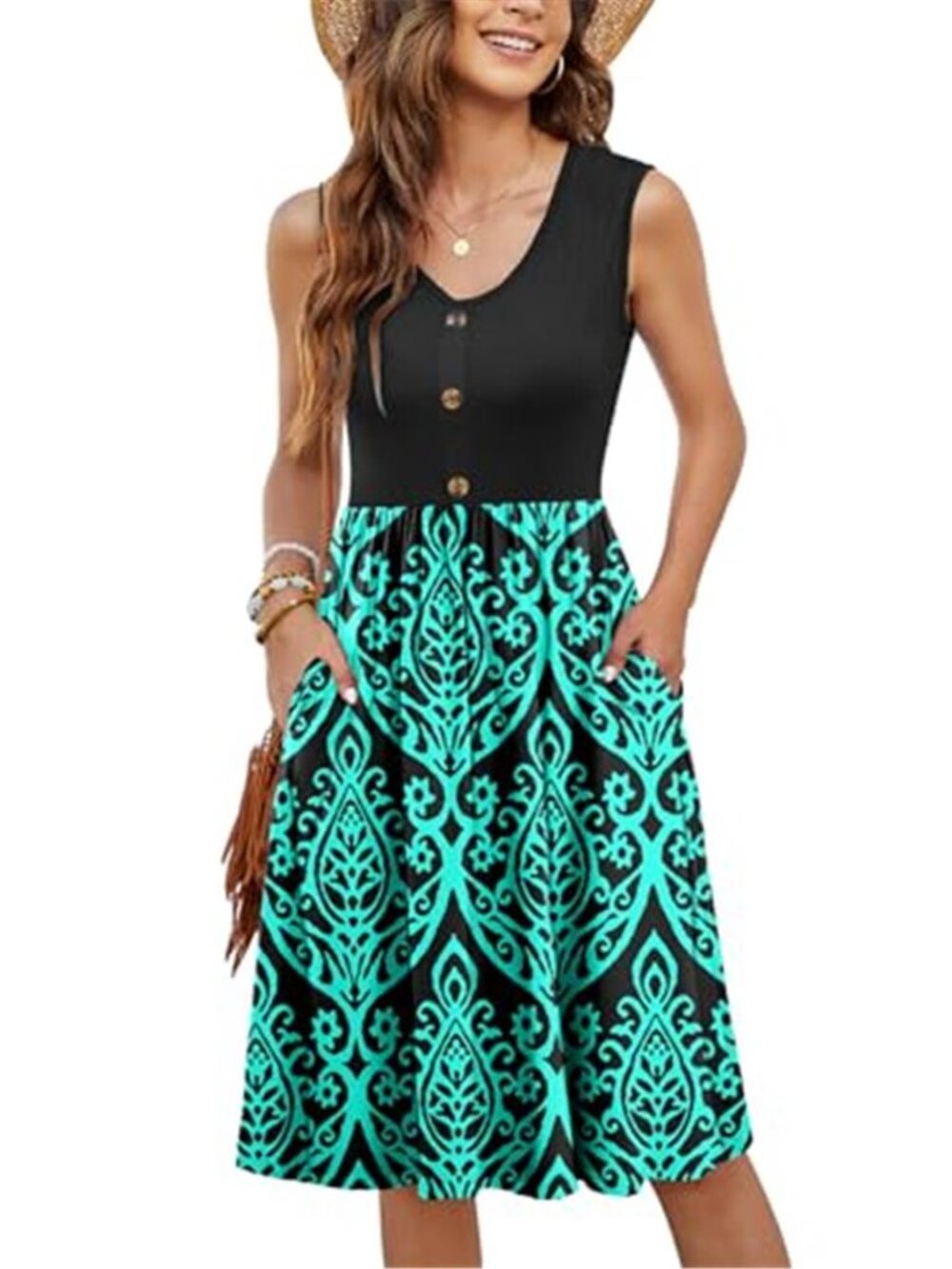Womens Sleeveless Midi Dress V Neck A Line Swing Sundress Flowy Summer Pockets
